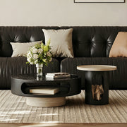 Modern Round Coffee Table Set with Textured Black Top and Open Storage Side Table